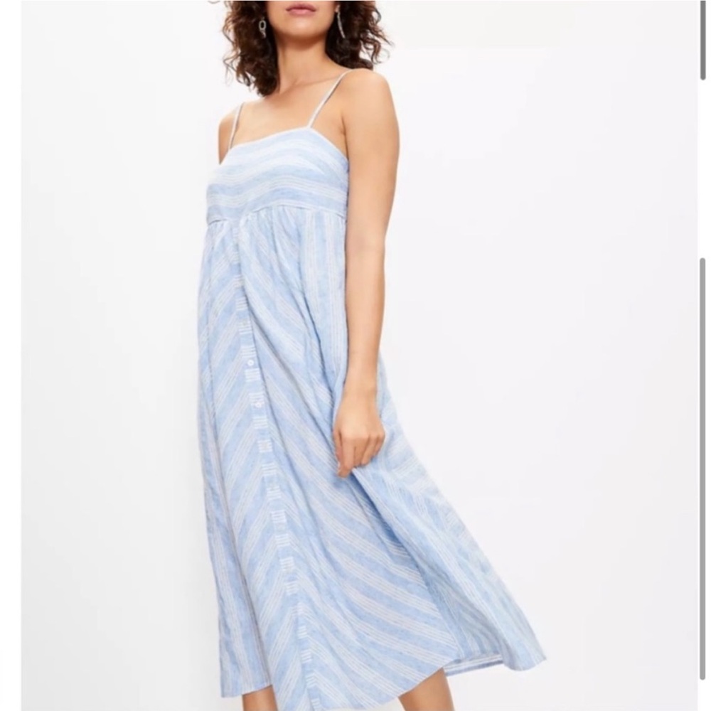 Loft Beach Blue White Striped Americana Nautical Cotton Blend Midi Dress New SM